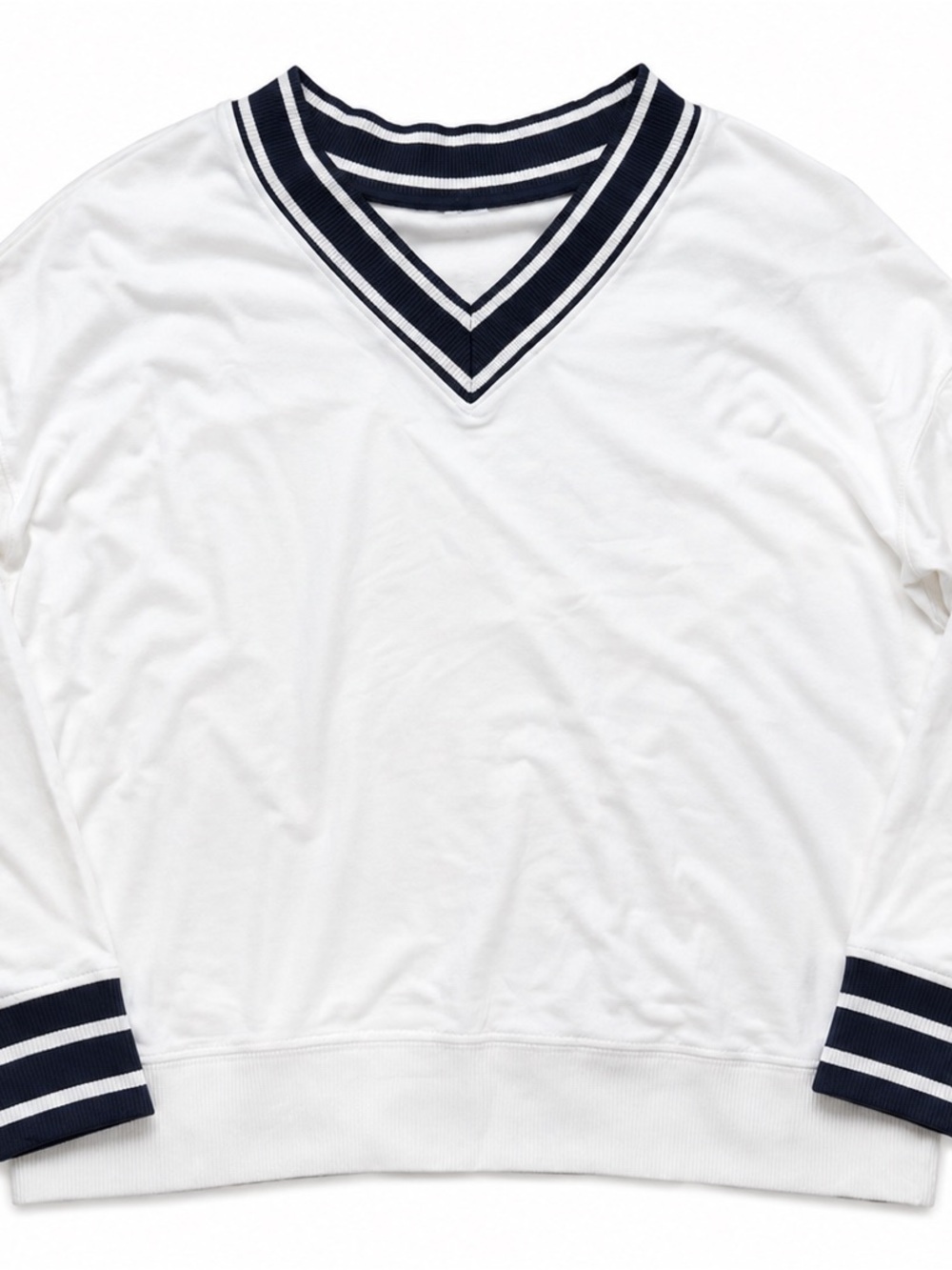 White V-Neck Pullover with Navy Stripe Trim